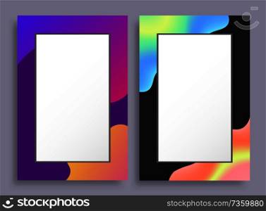 Colorful empty borders frames with bright stains, creative frameworks color framing, original boxes of vertical format vector illustrations set. Colorful Empty Vertical Frames with Bright Stains