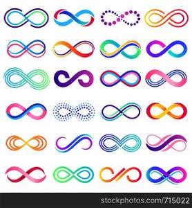 Colorful endless sign. Infinity symbol, limitless mobius strip and infinite loop possibilities. Endless eternal abstract possibility. Vector concept isolated signs illustration set. Colorful endless sign. Infinity symbol, limitless mobius strip and infinite loop possibilities vector concept illustration
