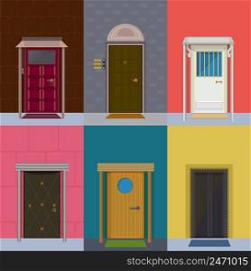 Colorful entrance doors collection of different shapes colors construction and materials in flat style isolated vector illustration. Colorful Entrance Doors Collection