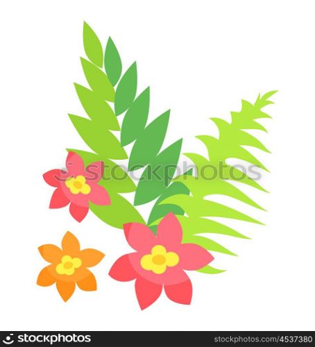 Colorful Exotic Green Foliage and Flowers Vector. Colorful exotic green foliage and flowers with yellow middle vector illustrations isolated on white. Tropical plants editable element for your design