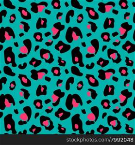 Colorful extravagant seamless leopard pattern in black, green and pink