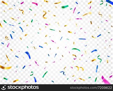 Colorful falling confetti. Christmas festival party decor, carnival decorative shiny papers and glitter multicolor flying paper streamers congratulation celebration vector elements. Colorful falling confetti. Christmas festival party decor, carnival decorative shiny papers and flying paper streamers vector elements