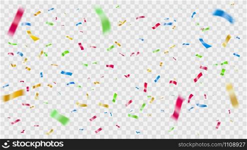 Colorful falling confetti. Flying color foil stripes, festival celebration confettis and party background elements vector illustration. Festive decor. Bright realistic tinsel on transparent backdrop. Colorful falling confetti. Flying color foil stripes, festival celebration confettis and party background elements vector illustration. Festive, multicolor realistic tinsel on transparent backdrop