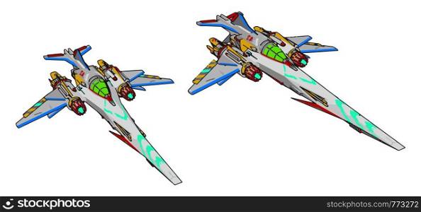 Colorful fantasy battle cruiser vector illustration on white background