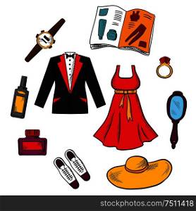 Colorful fashion icons with scattered male and female clothing, accessories, shoes, hat, jewelery, catalog and mirror. Male and female fashion icons