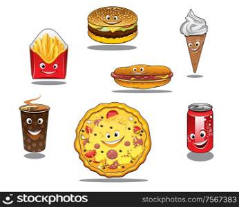 Colorful fast food and takeaway food icons with packet of French fries, burger ice cream cone coffee pizza hotdog and soda all with happy faces, cartoon style