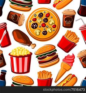 Colorful fast food lunch seamless pattern with randomly scattered over white background pepperoni pizzas, burgers, french fries, fried chicken, strawberry ice cream, popcorn, sweet soda and coffee. Seamless pattern of fast food dishes and drinks