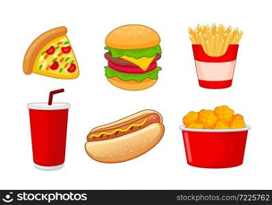Colorful Fast food. Pizza, Hamburger, Hotdog, Nuggets, French Fries and soft drink. Vector illustration isolated on white background. Unhealthy fast food classic nutrition
