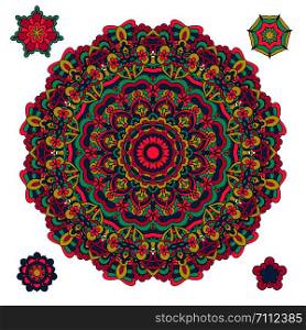 Colorful Festival round ethnic mandala, vector illustration on white background. Set of ornamental design elements. Colorful round ethnic mandala, vector illustration on white background.