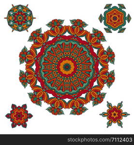 Colorful Festival round ethnic mandala, vector illustration on white background. Set of ornamental design elements. Stars and flowers for pattern motifs. Frame border decorative vector. Ornamental design element collection. Ethnic decorative mandala pattern