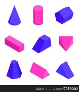 Colorful figures set, various prisms templates vector illustration, cylinder cone cuboid pentagonal, triangular and trapezoidal pyramid shapes. Colorful Figures Set, Various Prisms Templates