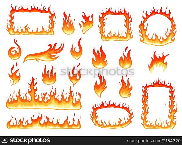 Colorful fire flame. Effect flames, glowing fire symbols. Burning cartoon round frame, hot red bonfire. Heating graphic shapes recent vector set. Illustration of fire and burn flame. Colorful fire flame. Effect flames, glowing fire symbols. Burning cartoon round frame, hot red bonfire. Heating graphic shapes recent vector set