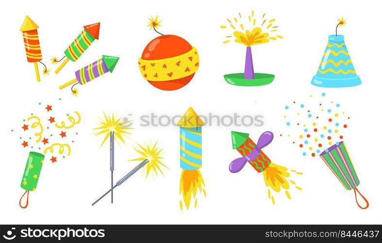 Colorful firecrackers flat illustration set. Cartoon bombs, rockets and crackers with fuses isolated vector illustration collection. Fireworks for holiday and celebration concept
