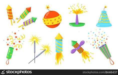 Colorful firecrackers flat illustration set. Cartoon bombs, rockets and crackers with fuses isolated vector illustration collection. Fireworks for holiday and celebration concept