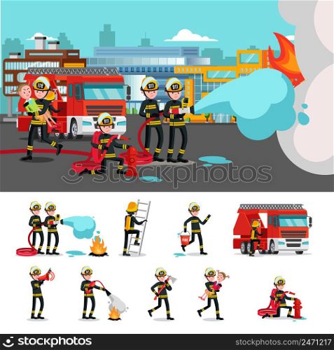 Colorful firefighting composition with rescue brigade extinguishing fire saving child and firefighters in different situations vector illustration. Colorful Firefighting Composition