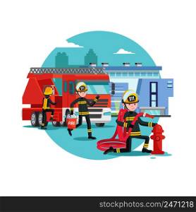 Colorful firefighting template with fireman rescue brigade fire truck and equipment vector illustration. Colorful Firefighting Template