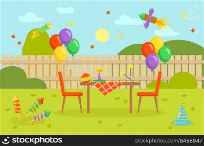 Colorful fireworks and balloons with table in backyard. Firecrackers, confetti, table, chairs, fence in background cartoon vector illustration. Party, celebration, birthday, holiday concept