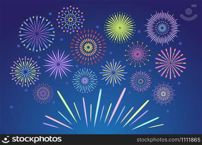 Colorful fireworks. Celebration fire firework, christmas pyrotechnics firecracker for winter party festival birthday celebration or anniversary firecracker background isolated vector set