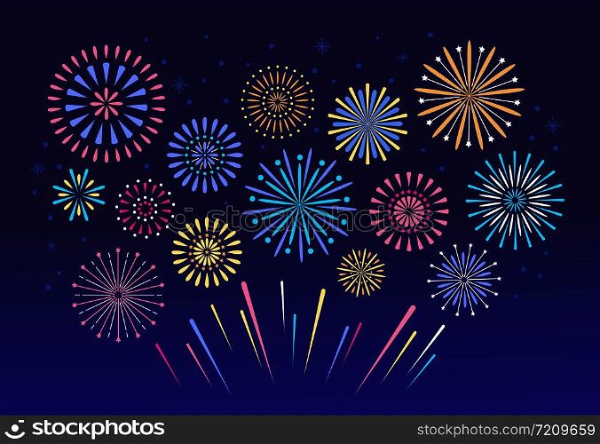 Colorful fireworks. Celebration fire firework, christmas pyrotechnics firecracker for winter party festival Xmas celebration or anniversary firecracker background isolated vector set. Colorful fireworks. Celebration fire firework, christmas pyrotechnics firecracker for festival background isolated vector set