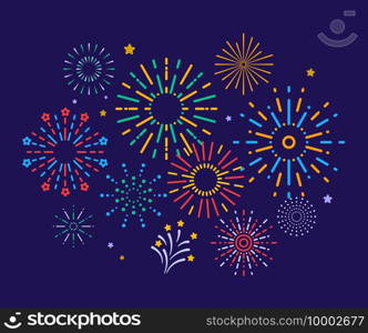 Colorful fireworks. Festive christmas pyrotechnics firecrackers. Xmas winter party festival salutes vector background. Illustration colorful firecracker to christmas carnival, sparkle festival. Colorful fireworks. Festive christmas pyrotechnics firecrackers. Xmas winter party festival salutes vector background