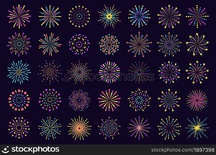 Colorful Fireworks icon, abstract festive firecracker sparkle. Firework explosion, bengal lights burst party celebration elements vector set. Holiday fire glowing isolated on night sky. Colorful Fireworks icon, abstract festive firecracker sparkle. Firework explosion, bengal lights burst party celebration elements vector set
