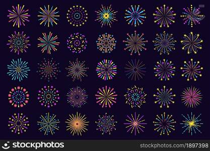 Colorful Fireworks icon, abstract festive firecracker sparkle. Firework explosion, bengal lights burst party celebration elements vector set. Holiday fire glowing isolated on night sky. Colorful Fireworks icon, abstract festive firecracker sparkle. Firework explosion, bengal lights burst party celebration elements vector set