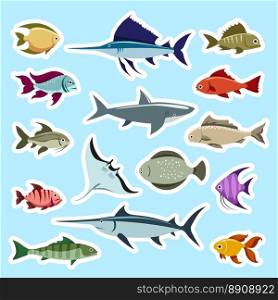 Colorful fish stickers set. Colorful fish stickers set vector isolated on blue