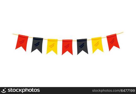 Colorful flags in color of german flag decoration for Oktoberfest festival vector illustration isolated on white background. Decorative elements for holiday. Colorful Flags in Color of German Flag Decoration. Colorful Flags in Color of German Flag Decoration