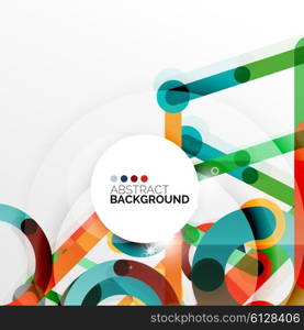 Colorful flat design abstract background. Swirl and circle shaped lines on white. Colorful flat design vector abstract background. Swirl and circle shaped lines on white. Geometrical futuristic template with light effects