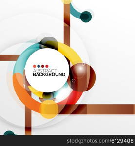 Colorful flat design abstract background. Swirl and circle shaped lines on white. Colorful flat design vector abstract background. Swirl and circle shaped lines on white. Geometrical futuristic template with light effects