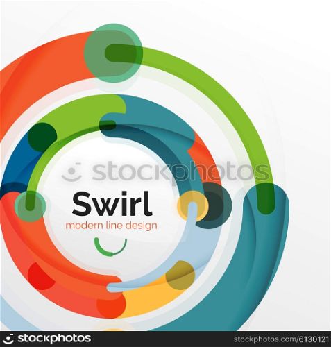 Colorful flat design abstract background. Swirl and circle shaped lines on white. Colorful flat design vector abstract background. Swirl and circle shaped lines on white. Geometrical futuristic template with light effects