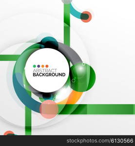 Colorful flat design abstract background. Swirl and circle shaped lines on white. Colorful flat design vector abstract background. Swirl and circle shaped lines on white. Geometrical futuristic template with light effects