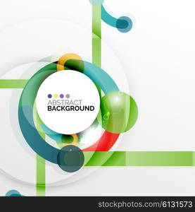 Colorful flat design abstract background. Swirl and circle shaped lines on white. Colorful flat design vector abstract background. Swirl and circle shaped lines on white. Geometrical futuristic template with light effects