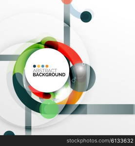 Colorful flat design abstract background. Swirl and circle shaped lines on white. Colorful flat design vector abstract background. Swirl and circle shaped lines on white. Geometrical futuristic template with light effects