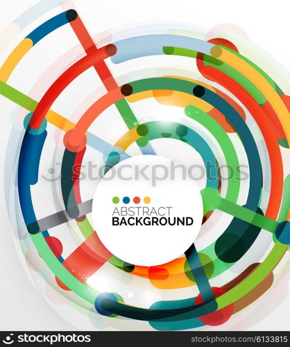 Colorful flat design abstract background. Swirl and circle shaped lines on white. Colorful flat design vector abstract background. Swirl and circle shaped lines on white. Geometrical futuristic template with light effects