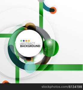 Colorful flat design abstract background. Swirl and circle shaped lines on white. Colorful flat design vector abstract background. Swirl and circle shaped lines on white. Geometrical futuristic template with light effects