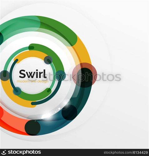 Colorful flat design abstract background. Swirl and circle shaped lines on white. Colorful flat design vector abstract background. Swirl and circle shaped lines on white. Geometrical futuristic template with light effects