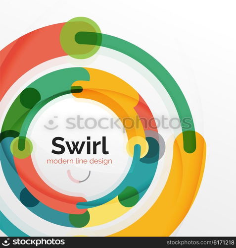 Colorful flat design abstract background. Swirl and circle shaped lines on white. Colorful flat design vector abstract background. Swirl and circle shaped lines on white. Geometrical futuristic template with light effects