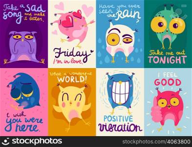 Colorful flat design cards set with cute owls showing different emotions isolated vector illustration. Owl Emotion Flat Cards