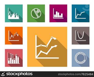 Colorful flat graphs and charts set including bar graphs, pie graph, fluctuating charts, Line graph and infographics for business design. Colorful graphs and charts