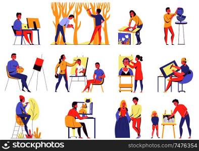 Colorful flat icons set with various creative professions such as artist actor sculptor designer isolated on white background vector illustration