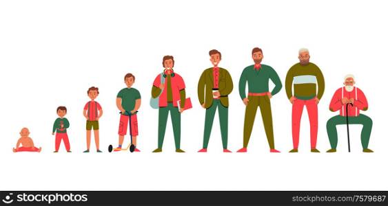 Colorful flat set of icons showing men from various generations isolated vector illustration