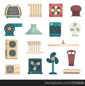 Colorful flat set of ventilation conditioning and heating system equipment isolated vector illustration. Ventilation Conditioning Heating System Set