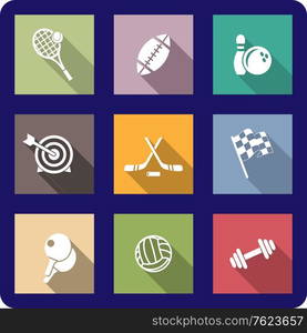 Colorful flat sporting icons depicting tennis, rugby, football, ice hockey, bowling, archery, motor sport, table tennis, weights and volleyball