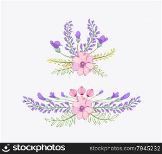 Colorful floral collection with leaves and flowers, drawing watercolor