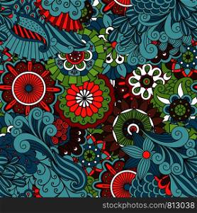 Colorful floral ethnic pattern with leaves and swirls. Vector illustration. Colorful floral ethnic pattern