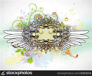 colorful floral frame with wings vector illustration