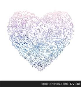 Colorful floral heart shape with hand drawn doodle summer flowers vector for invitation, print, cards. Colorful floral doodle heart shape on white