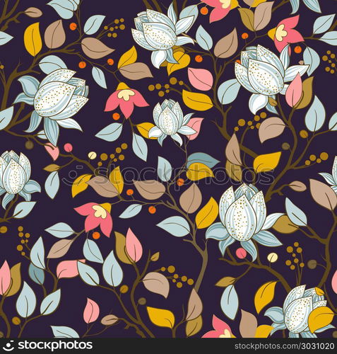 Colorful floral pattern. Vector wallpaper with big illustration flowers. Hand drawn plants, magnolia