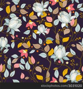 Colorful floral pattern. Vector wallpaper with big illustration flowers. Hand drawn plants, magnolia